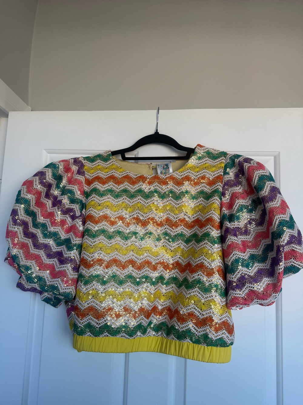 Multicolor Sequin Zigzag Puff-Sleeve Top